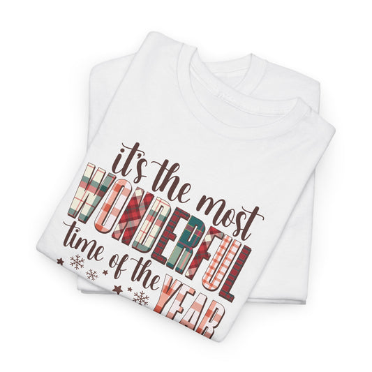 Christmas Plaid Letter Unisex Tee, Xmas Crewneck T-shirt, It's The Most Wonderful Time Shirt, Holiday Gift, Family Christmas Tee