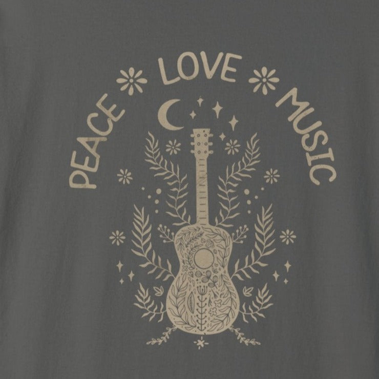 Peace Love Music Boho Guitar Distressed Vintage Style Tee Unisex Garment-Dyed T-shirt