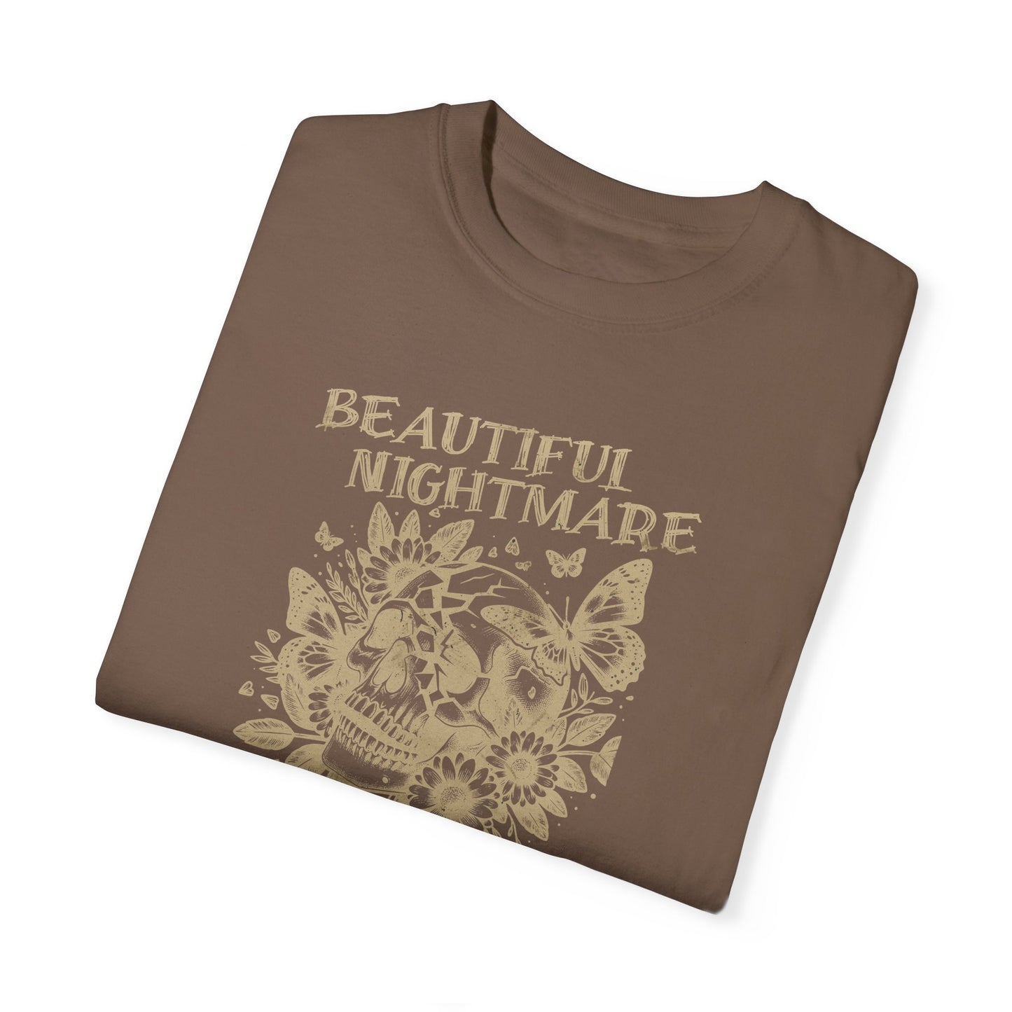 Beautiful Nightmare Skull Flowers and Butterflies T-Shirt Distressed Style Dark Look Tee