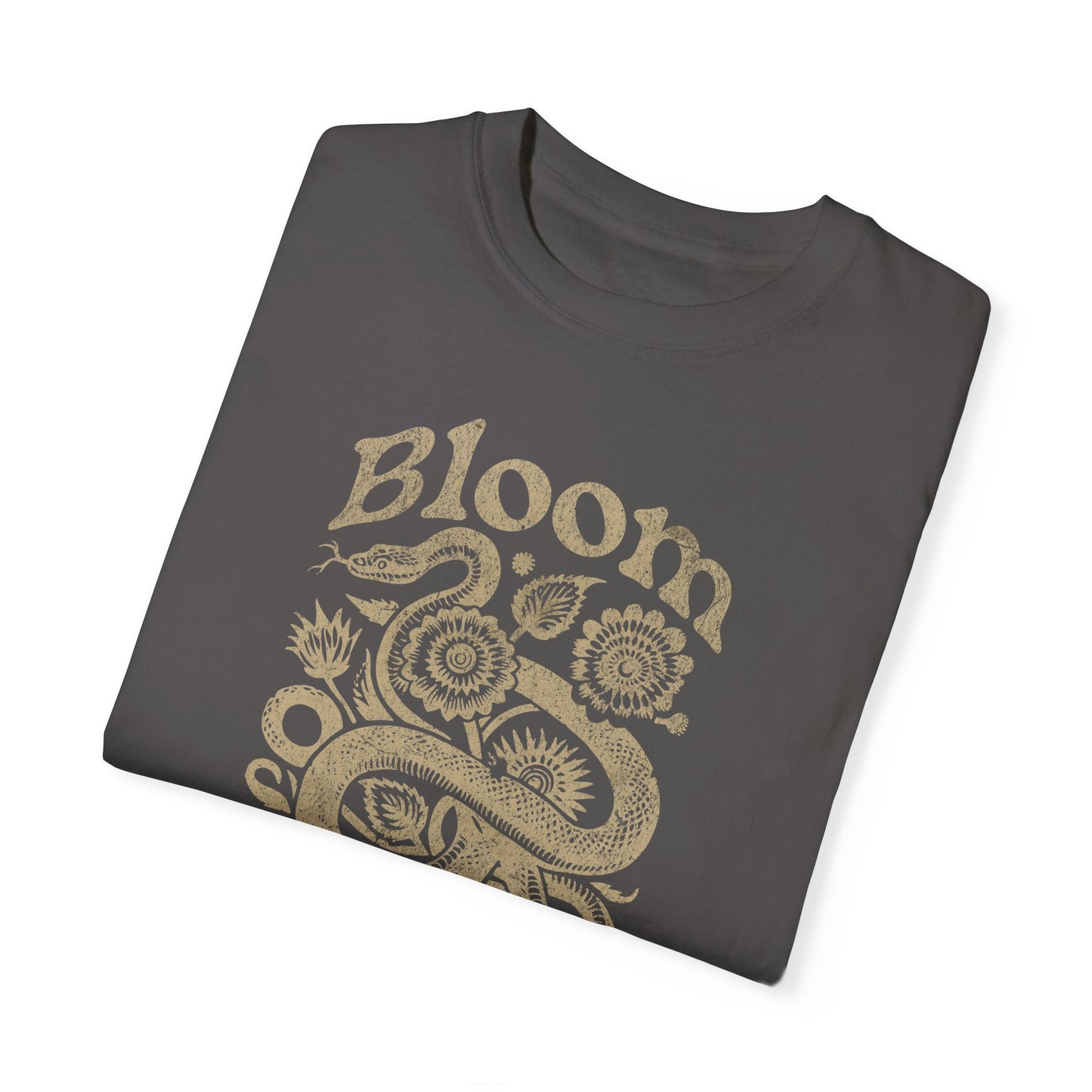 Bloom Through The Chaos Snake and Flowers T-Shirt Distressed Style Dark Look Tee