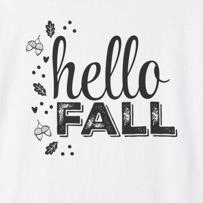 Hello Fall T-Shirt, Autumn Leaves And Acorns Design Unisex Short Sleeve Tee