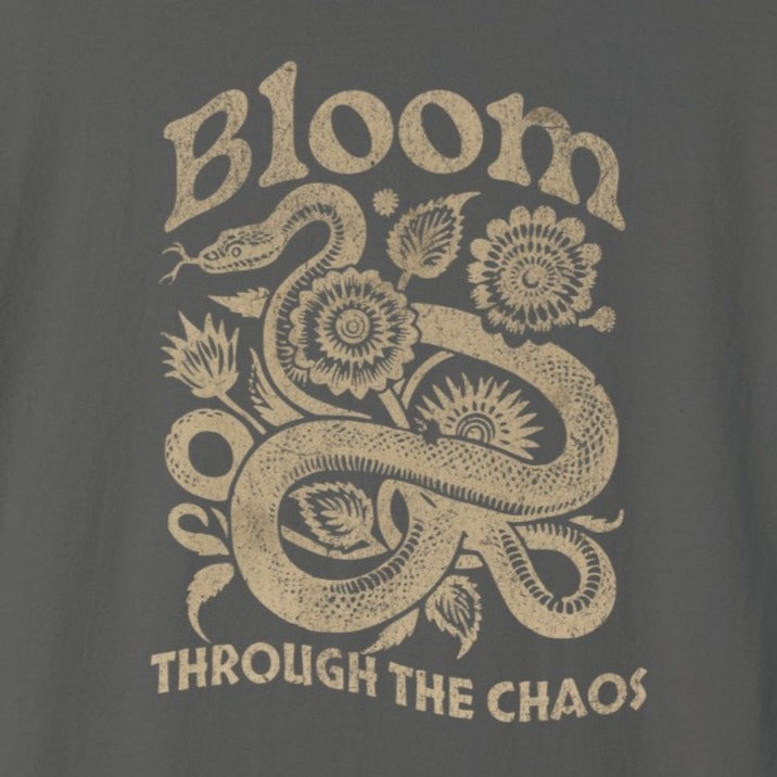 Bloom Through The Chaos Snake and Flowers T-Shirt Distressed Style Dark Look Tee