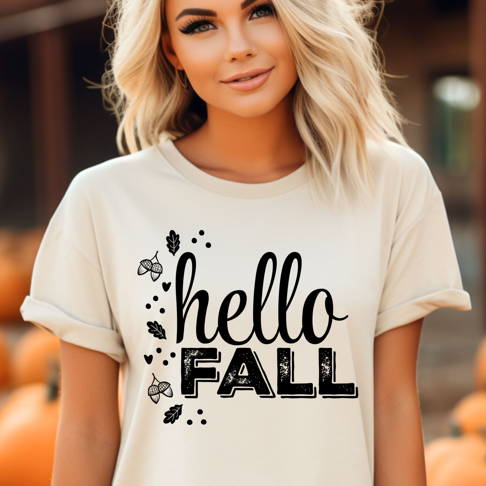 Hello Fall T-Shirt, Autumn Leaves And Acorns Design Unisex Short Sleeve Tee