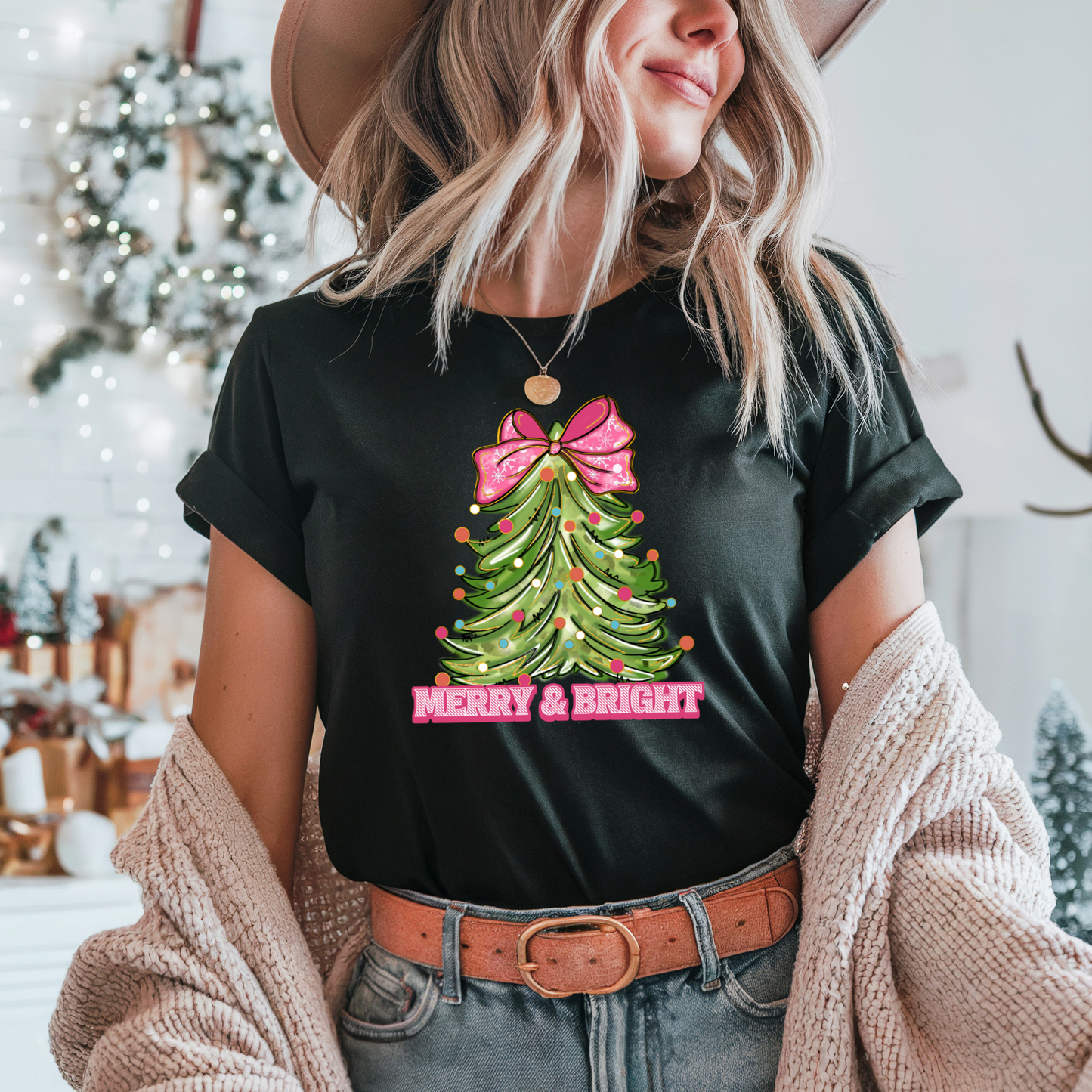 Christmas Coquette Tree Tee, Womens Xmas Shirt, Holiday Shirt for Her, Merry Christmas Family Matching, Unisex Heavy Cotton Tshirt, Festive