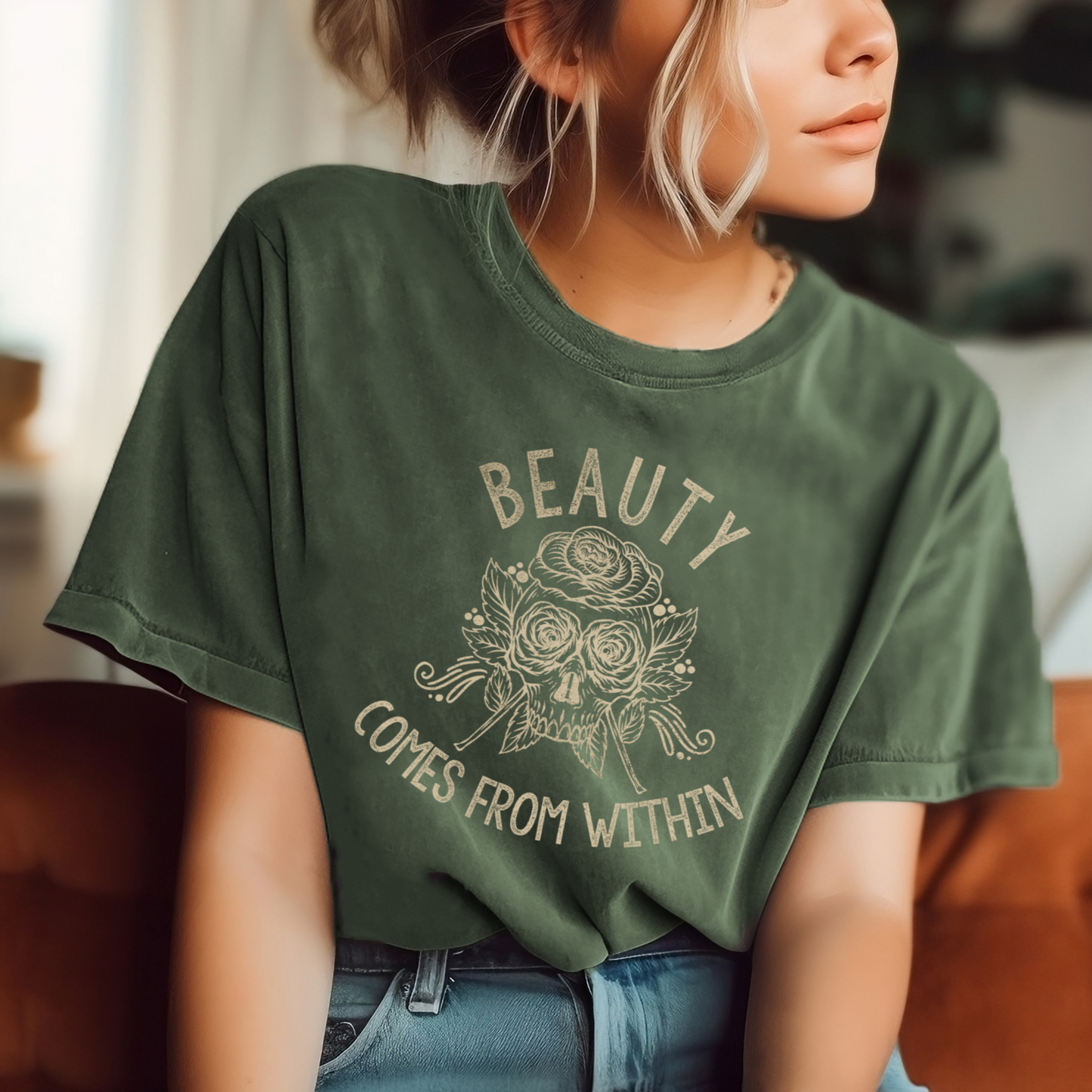 Beauty Comes From Within Rose and Skull Gift Distressed Vintage Style Tee Unisex Garment-Dyed T-shirt