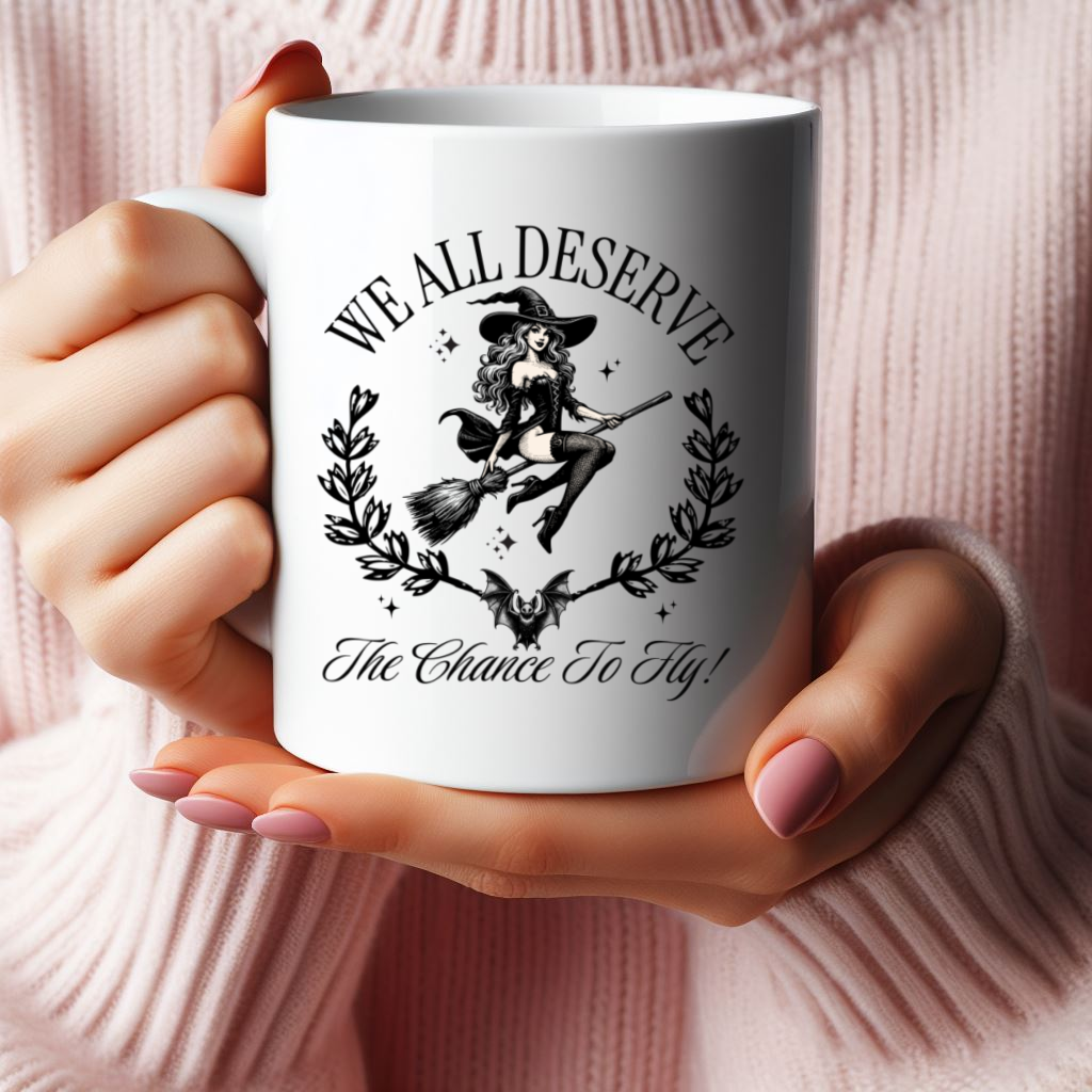 Everyone Deserves A Chance To Fly Pin Up Witch On Broom Ceramic Mug 15oz