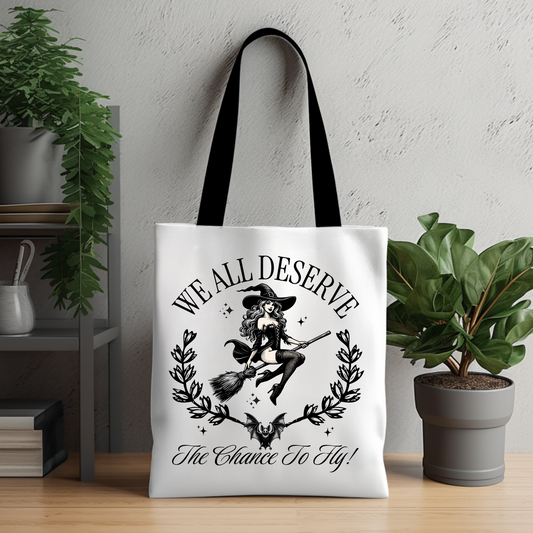 Everyone Deserves A Chance To Fly Pin Up Witch On Broom Grocery Tote Bag