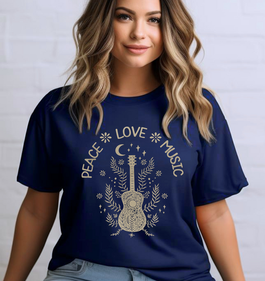 Peace Love Music Boho Guitar Distressed Vintage Style Tee Unisex Garment-Dyed T-shirt